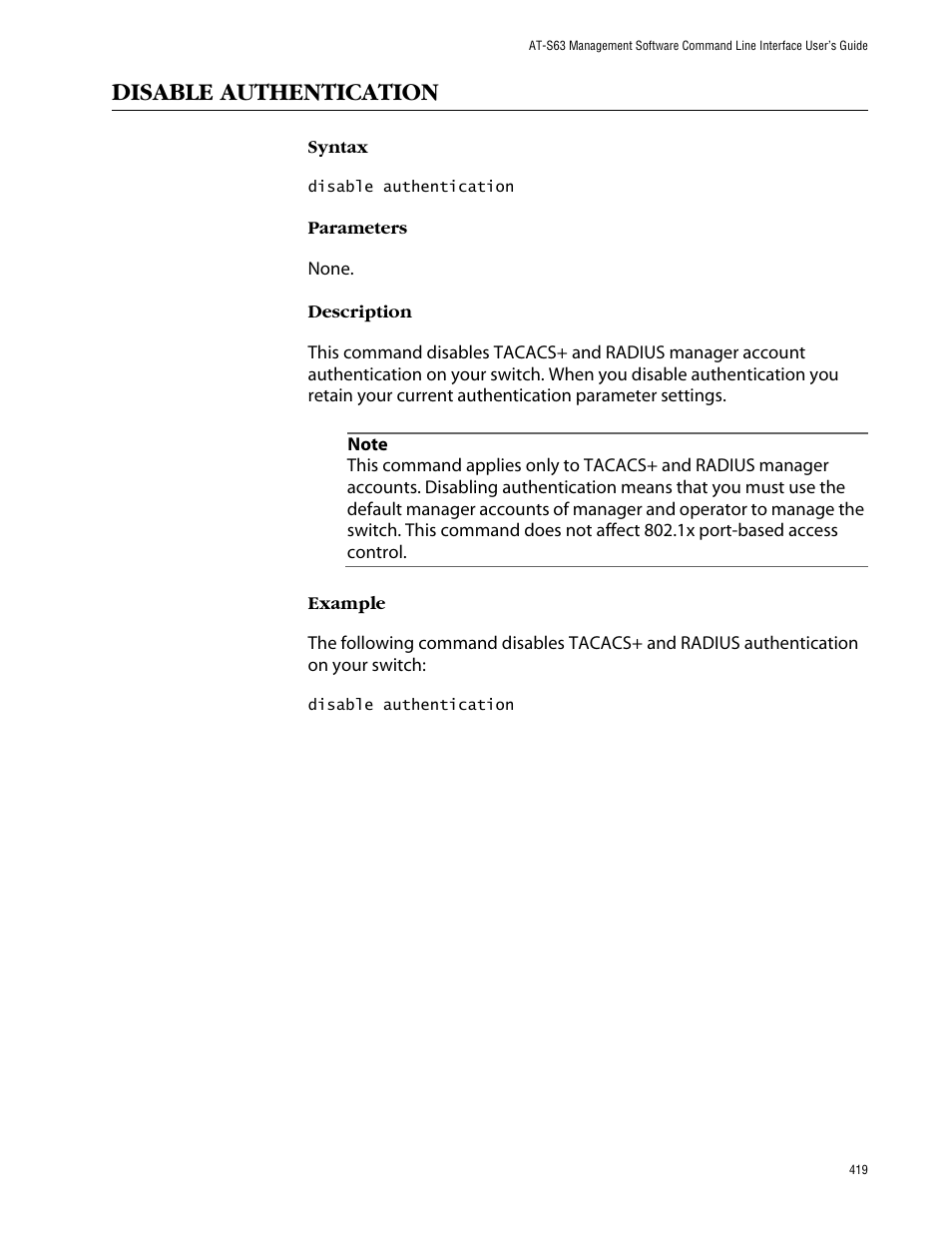 Disable authentication | Allied Telesis AT-S63 User Manual | Page 419 / 464