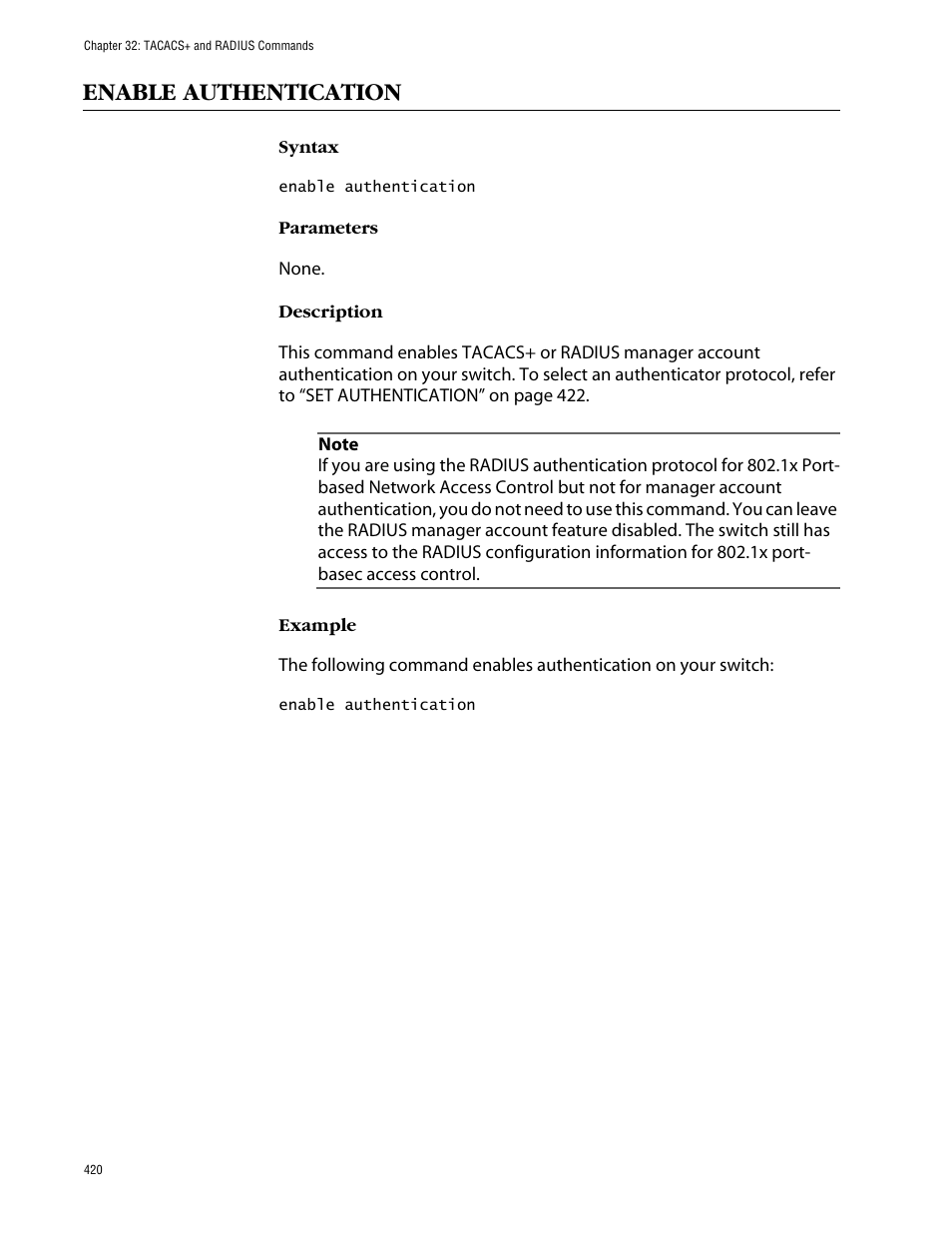 Enable authentication | Allied Telesis AT-S63 User Manual | Page 420 / 464