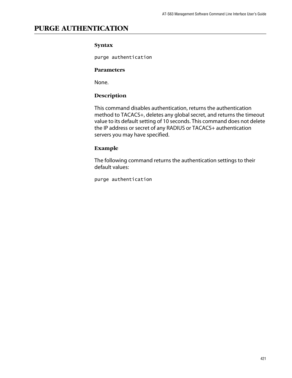 Purge authentication | Allied Telesis AT-S63 User Manual | Page 421 / 464