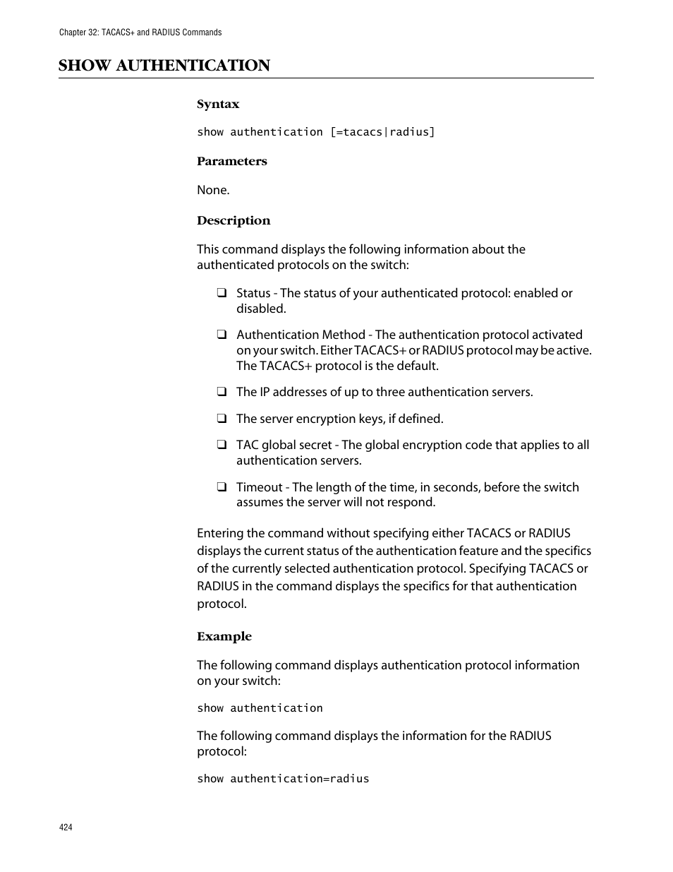 Show authentication | Allied Telesis AT-S63 User Manual | Page 424 / 464