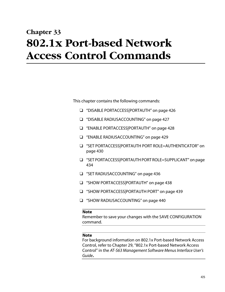 Chapter 33, 1x port-based network access control commands | Allied Telesis AT-S63 User Manual | Page 425 / 464