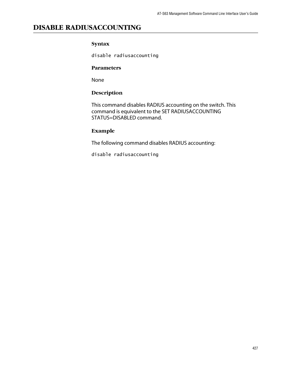 Disable radiusaccounting | Allied Telesis AT-S63 User Manual | Page 427 / 464