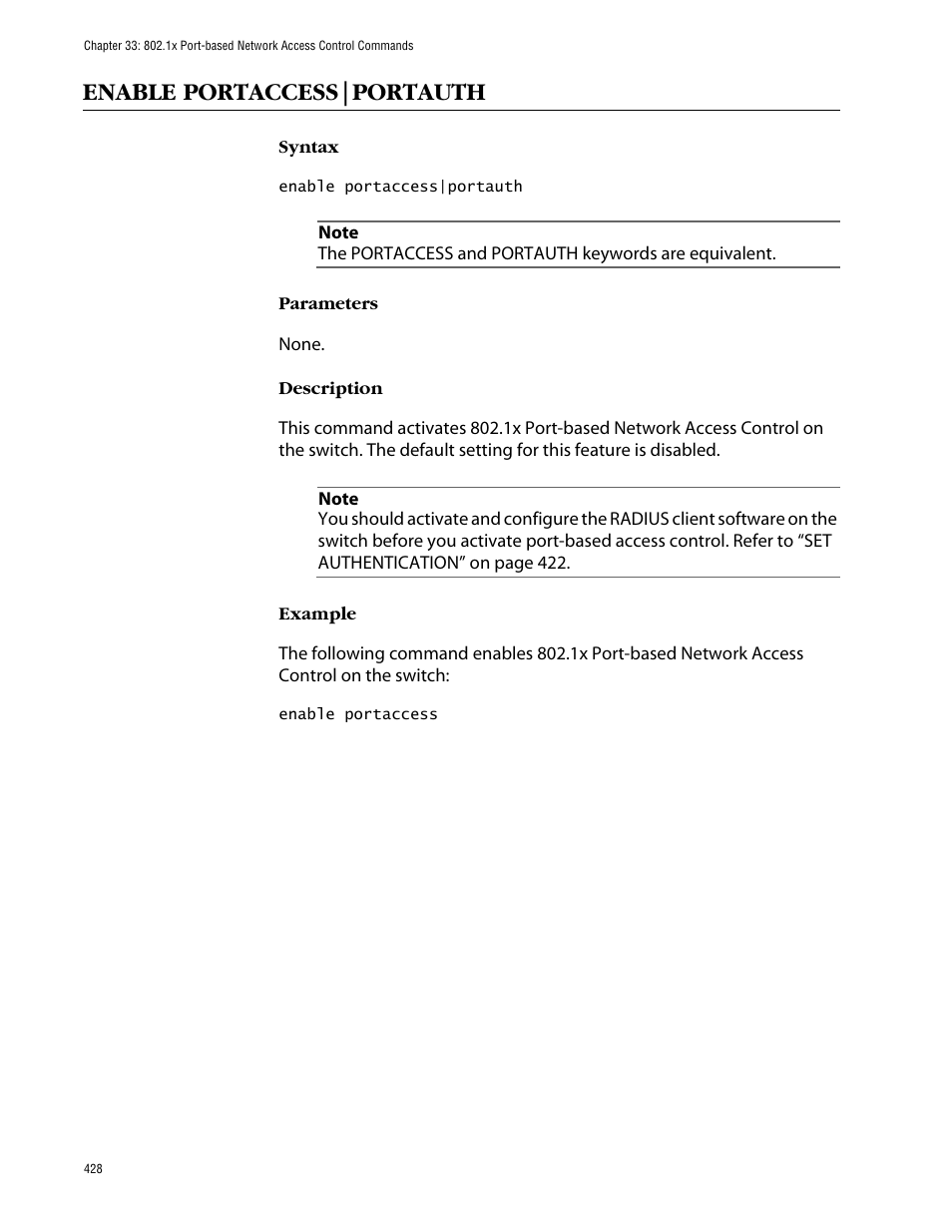 Enable portaccess|portauth | Allied Telesis AT-S63 User Manual | Page 428 / 464