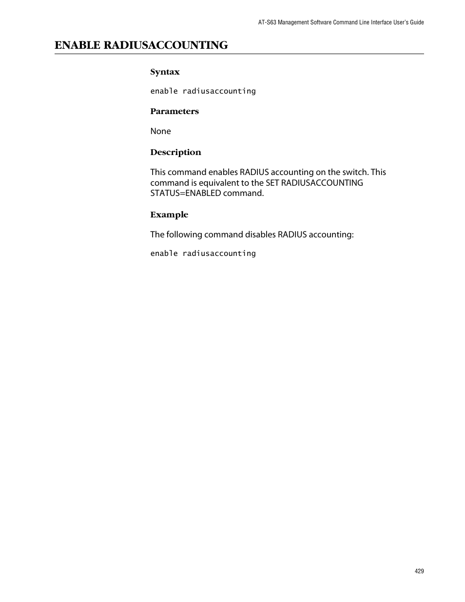 Enable radiusaccounting | Allied Telesis AT-S63 User Manual | Page 429 / 464