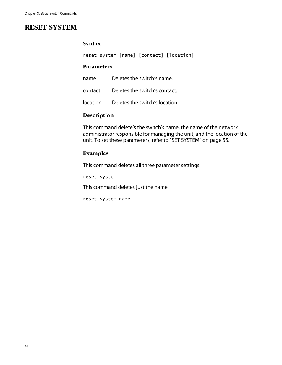 Reset system | Allied Telesis AT-S63 User Manual | Page 44 / 464