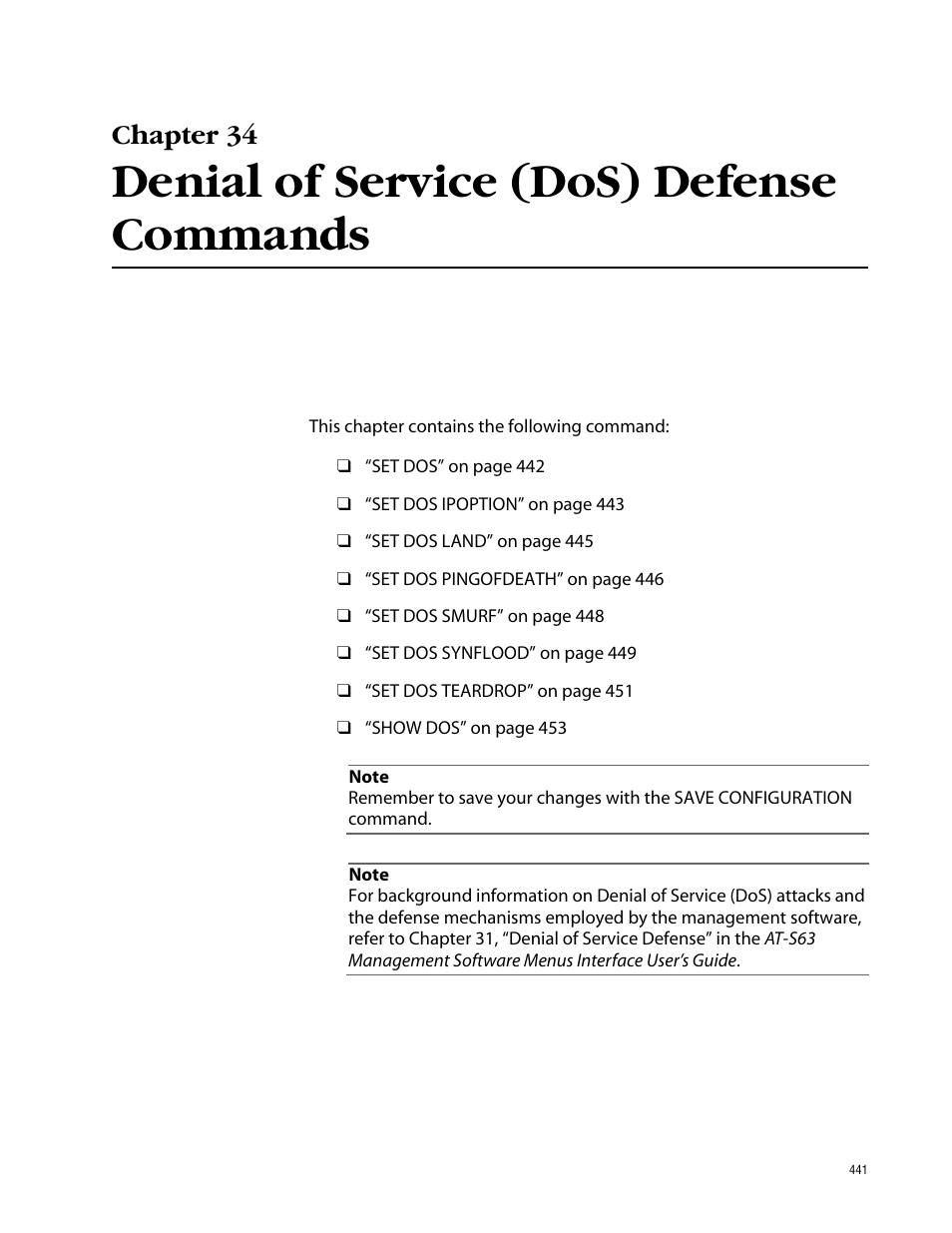 Chapter 34, Denial of service (dos) defense commands | Allied Telesis AT-S63 User Manual | Page 441 / 464
