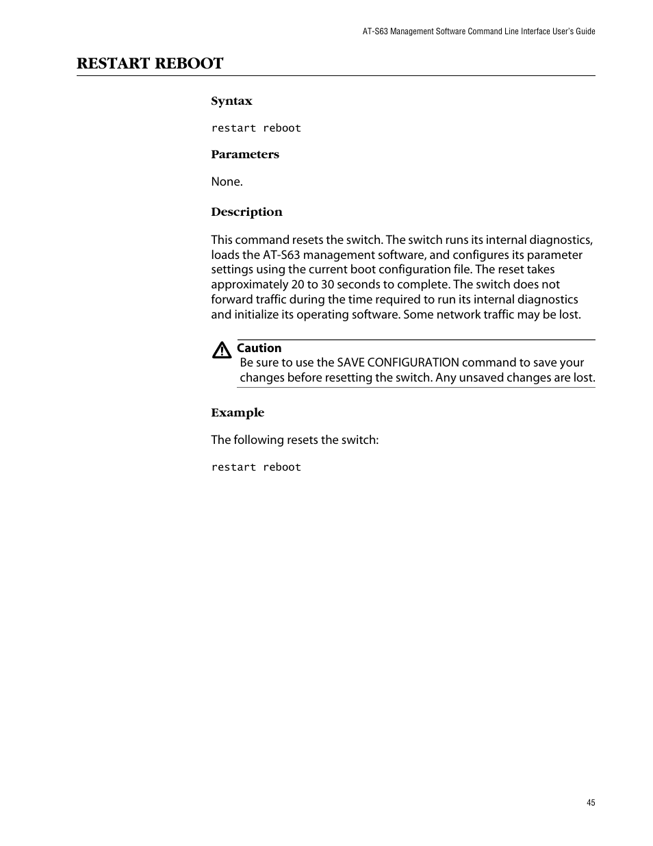 Restart reboot | Allied Telesis AT-S63 User Manual | Page 45 / 464