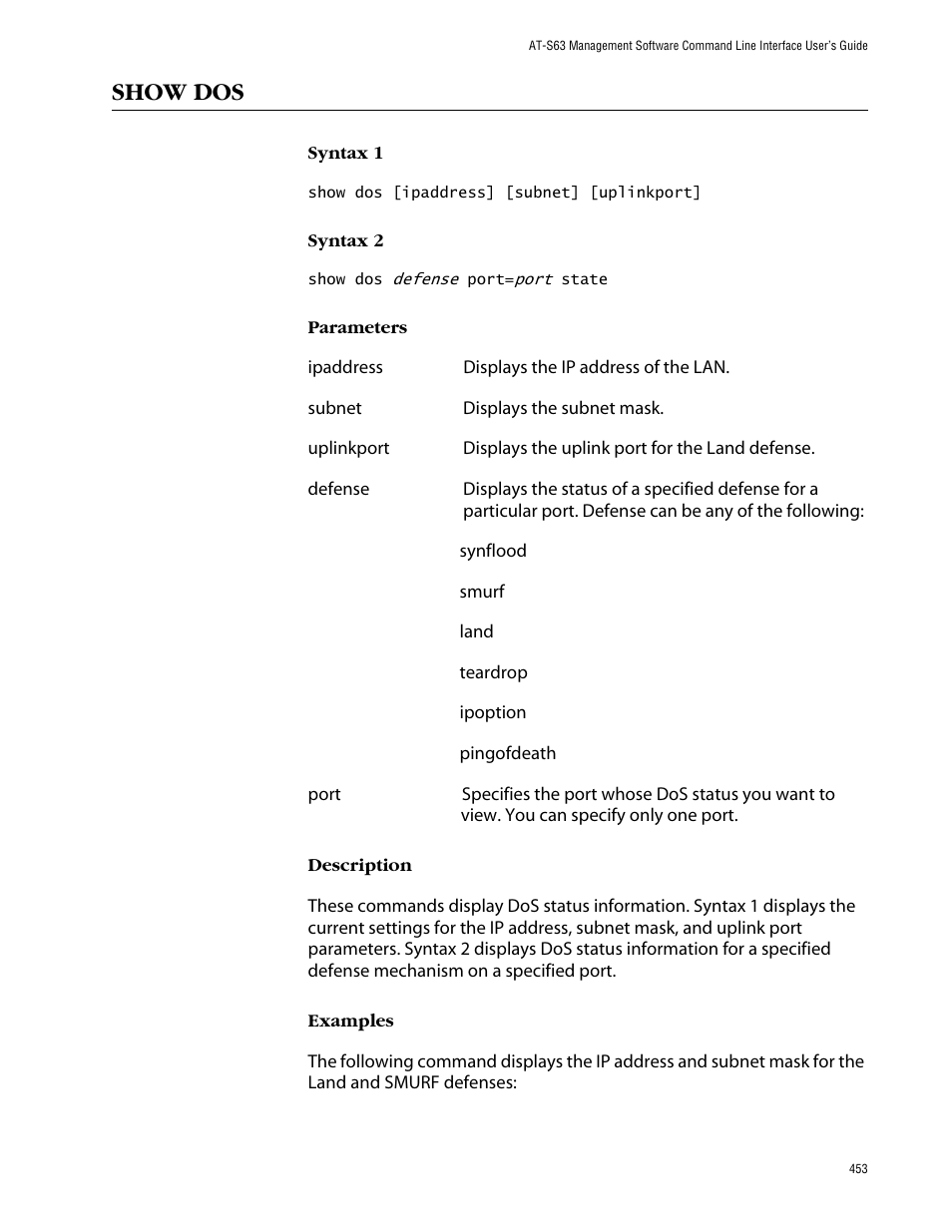 Show dos | Allied Telesis AT-S63 User Manual | Page 453 / 464