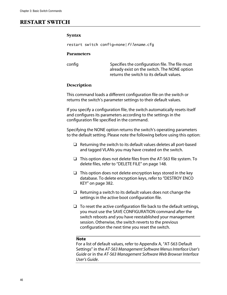 Restart switch | Allied Telesis AT-S63 User Manual | Page 46 / 464