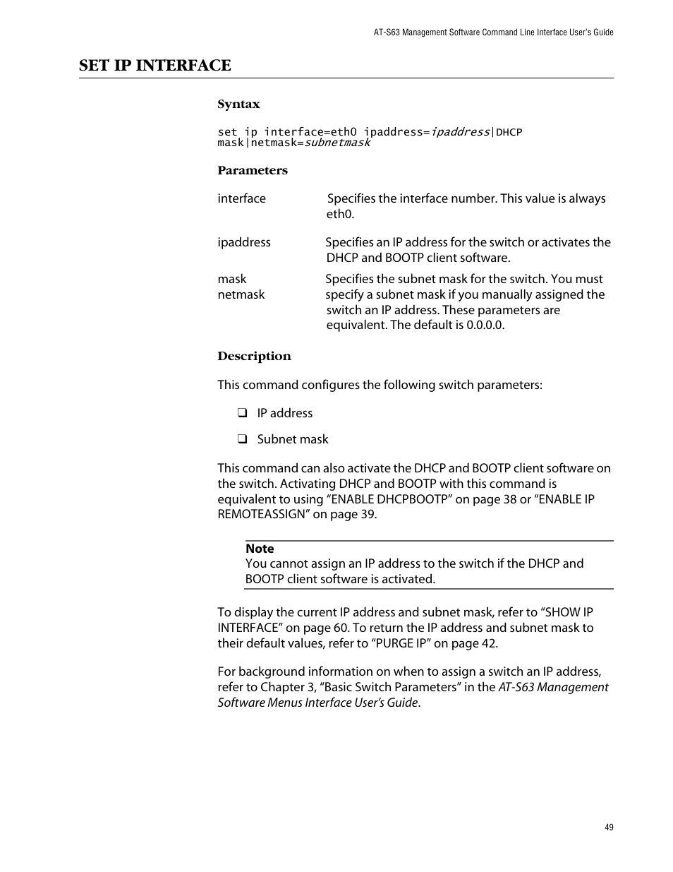 Set ip interface | Allied Telesis AT-S63 User Manual | Page 49 / 464
