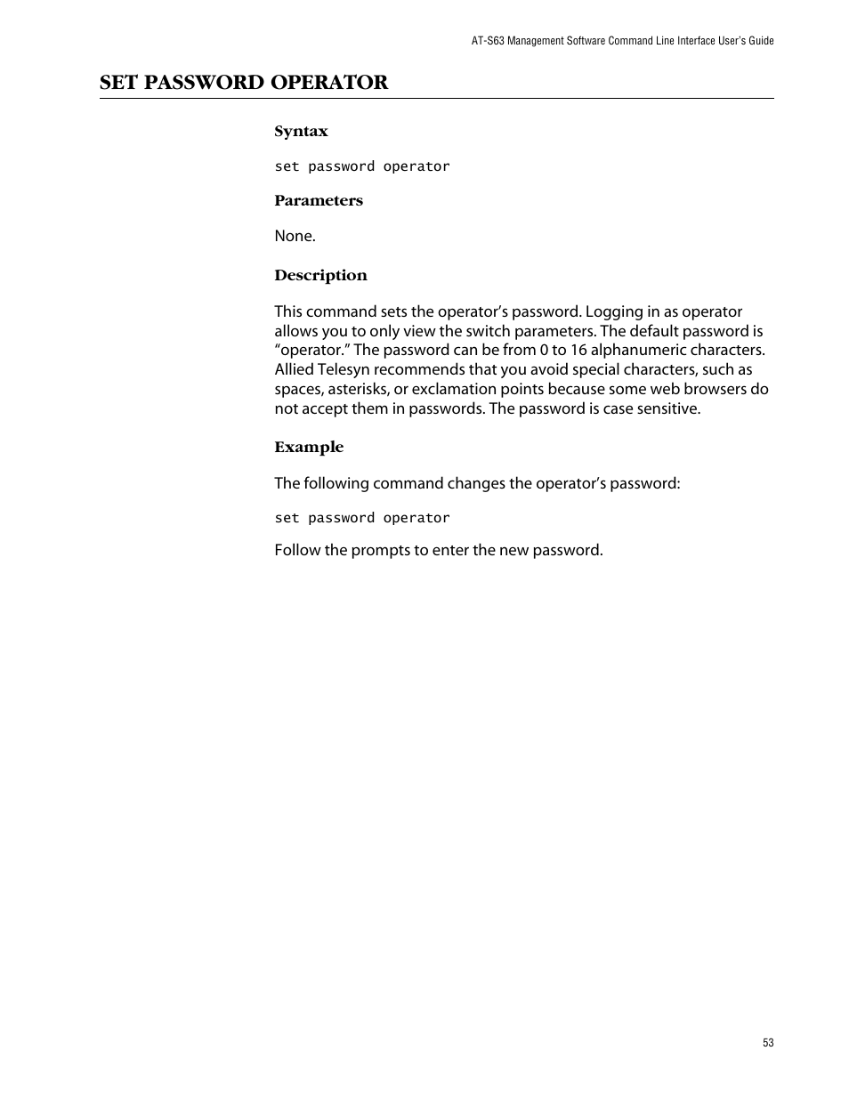Set password operator | Allied Telesis AT-S63 User Manual | Page 53 / 464
