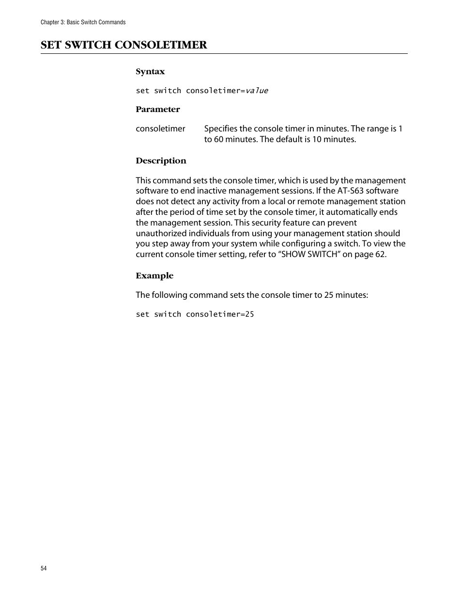 Set switch consoletimer | Allied Telesis AT-S63 User Manual | Page 54 / 464