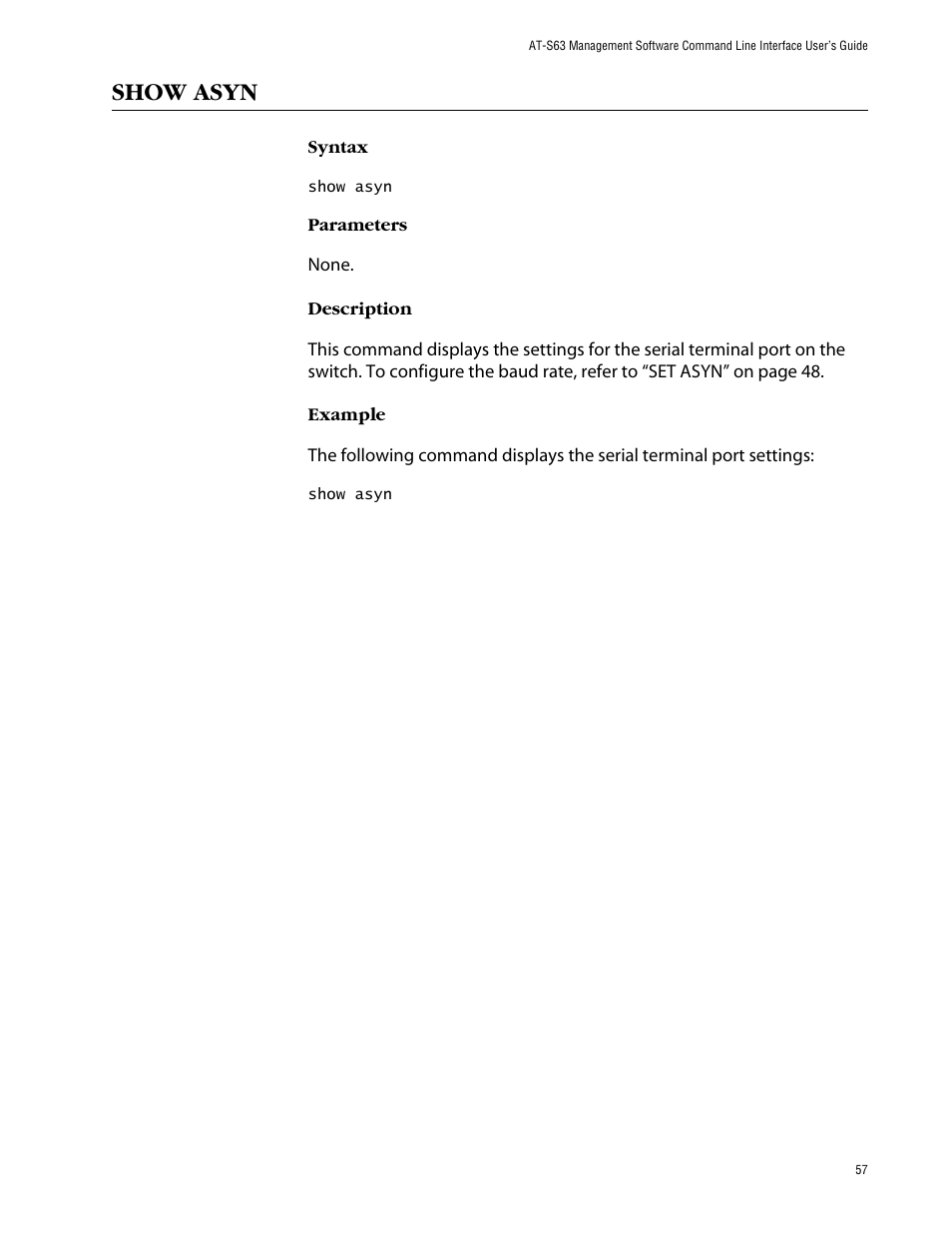 Show asyn | Allied Telesis AT-S63 User Manual | Page 57 / 464