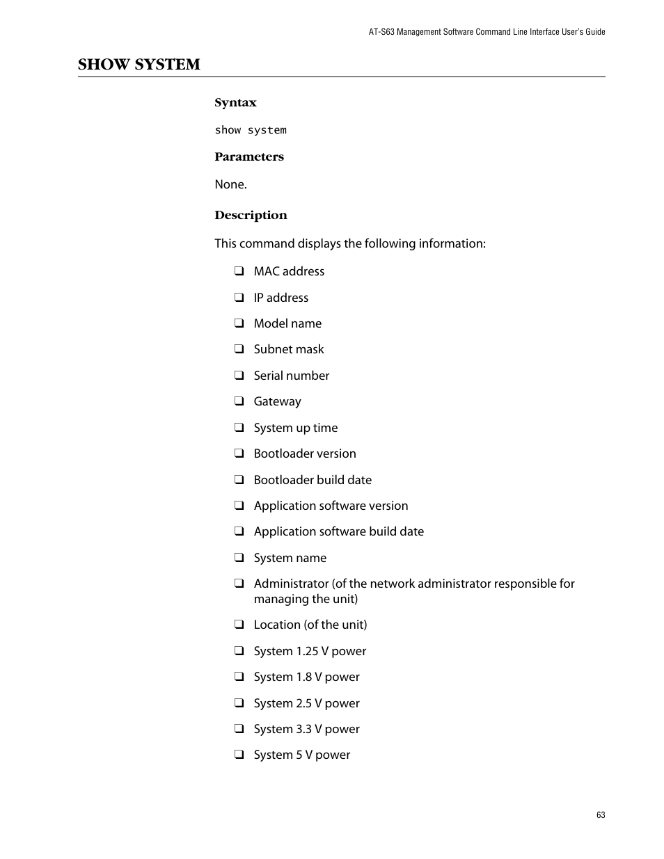 Show system | Allied Telesis AT-S63 User Manual | Page 63 / 464