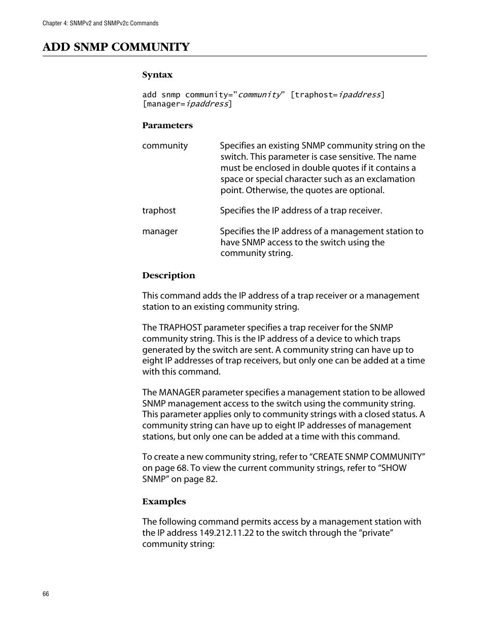 Add snmp community | Allied Telesis AT-S63 User Manual | Page 66 / 464