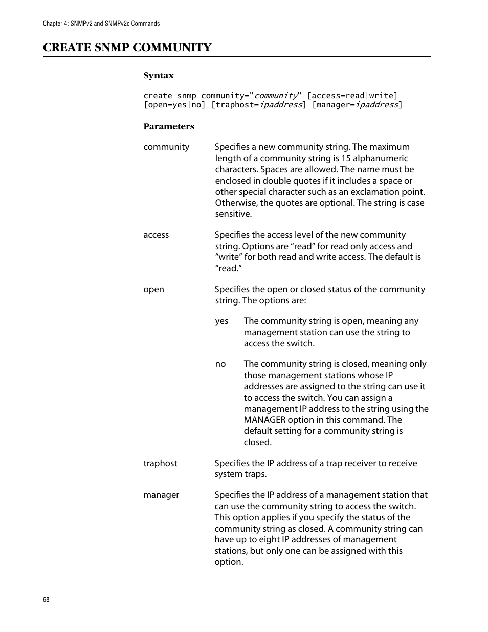 Create snmp community | Allied Telesis AT-S63 User Manual | Page 68 / 464