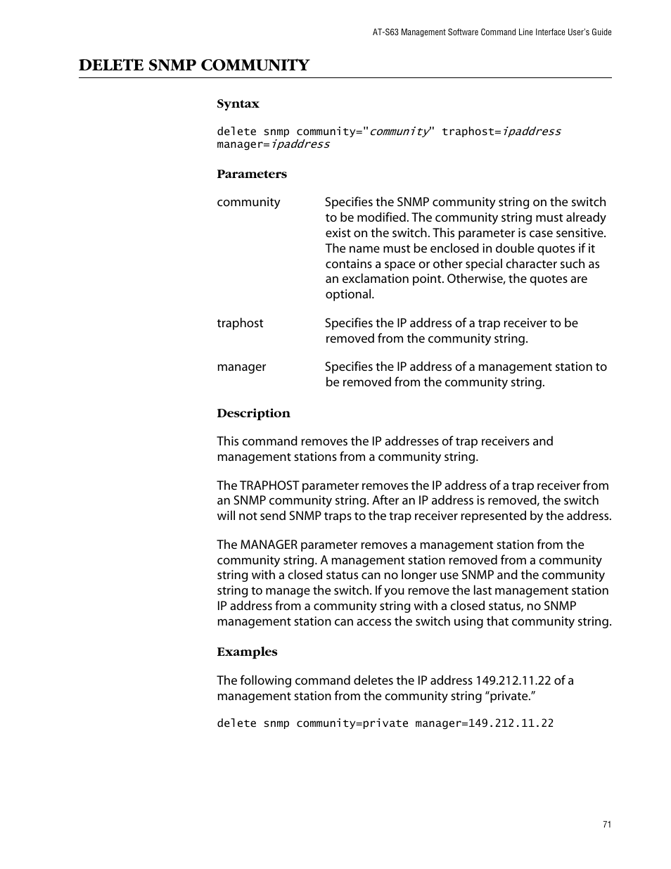 Delete snmp community | Allied Telesis AT-S63 User Manual | Page 71 / 464