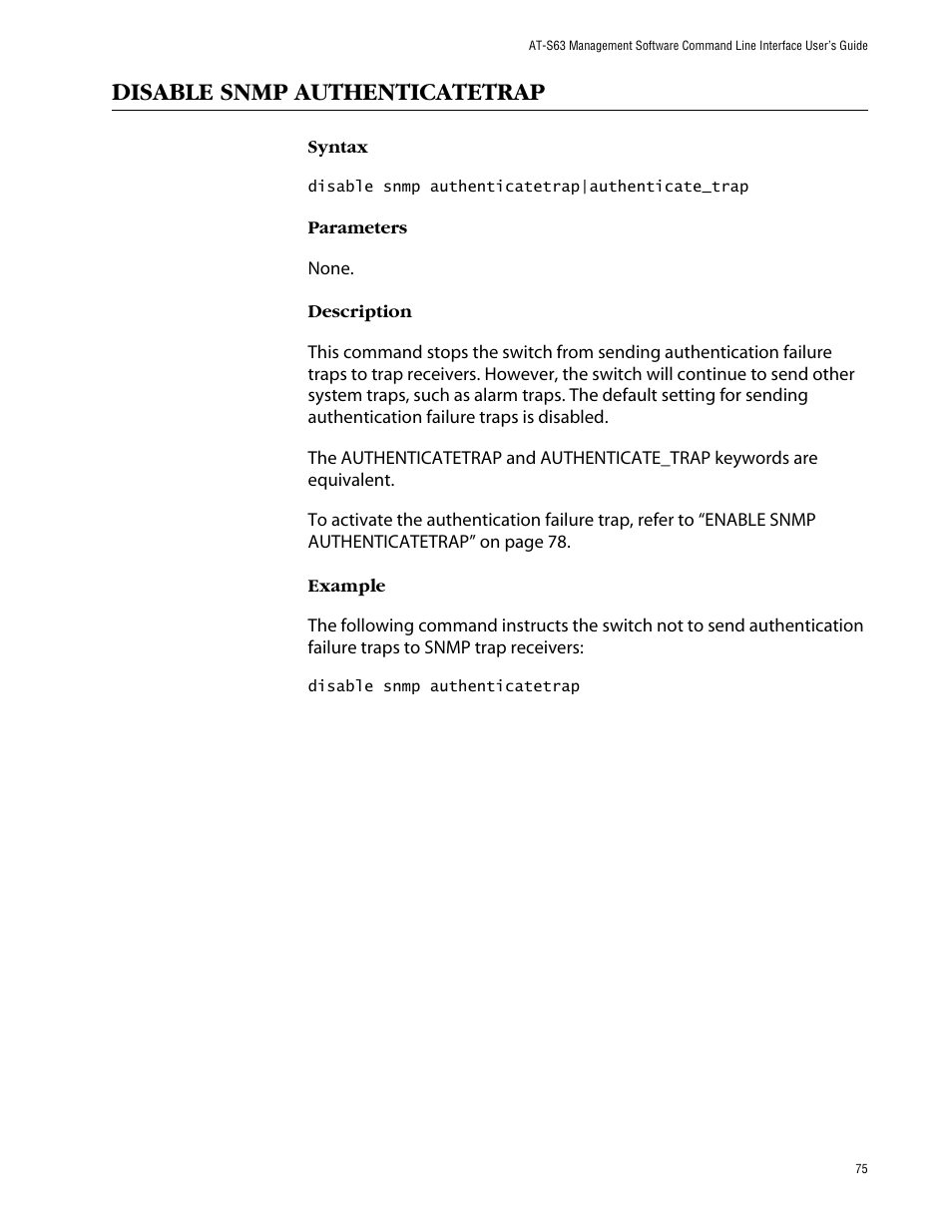 Disable snmp authenticatetrap | Allied Telesis AT-S63 User Manual | Page 75 / 464