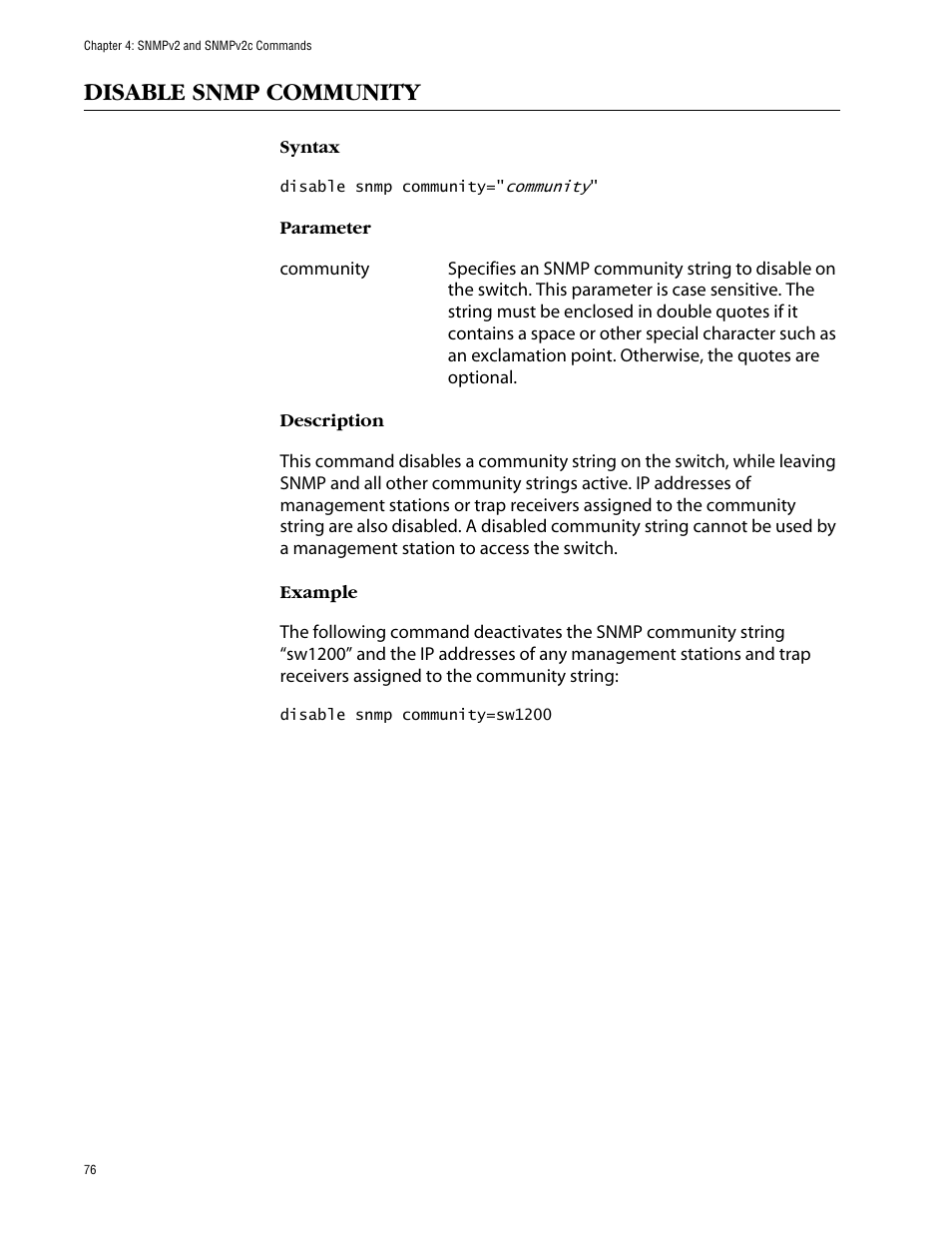 Disable snmp community | Allied Telesis AT-S63 User Manual | Page 76 / 464