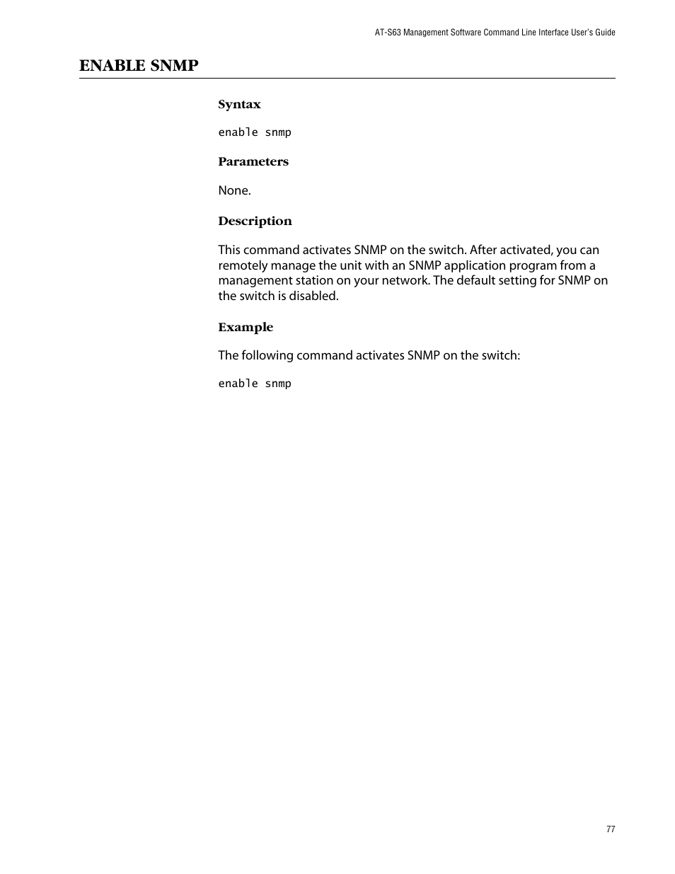 Enable snmp | Allied Telesis AT-S63 User Manual | Page 77 / 464