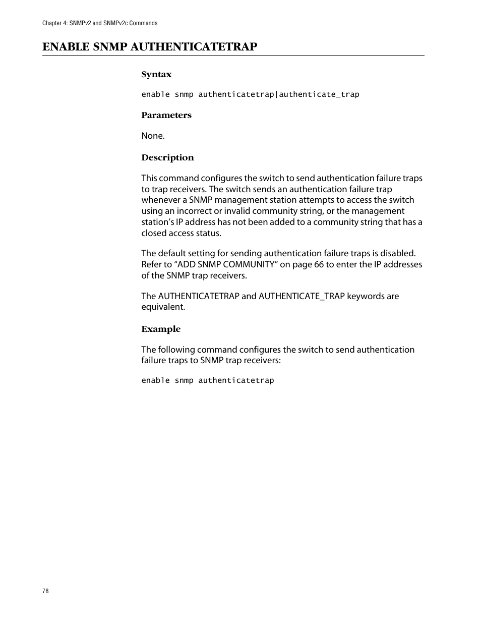 Enable snmp authenticatetrap | Allied Telesis AT-S63 User Manual | Page 78 / 464