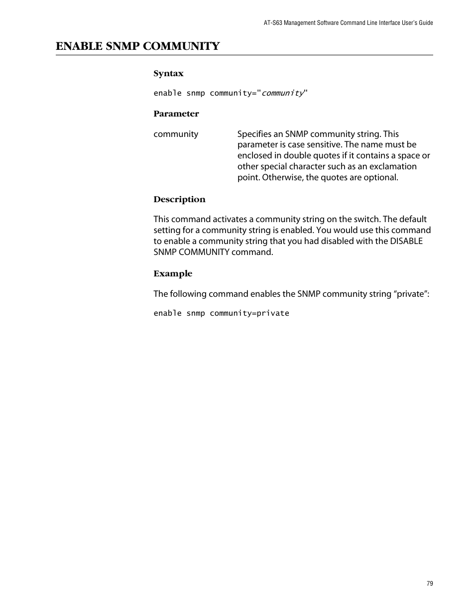Enable snmp community | Allied Telesis AT-S63 User Manual | Page 79 / 464