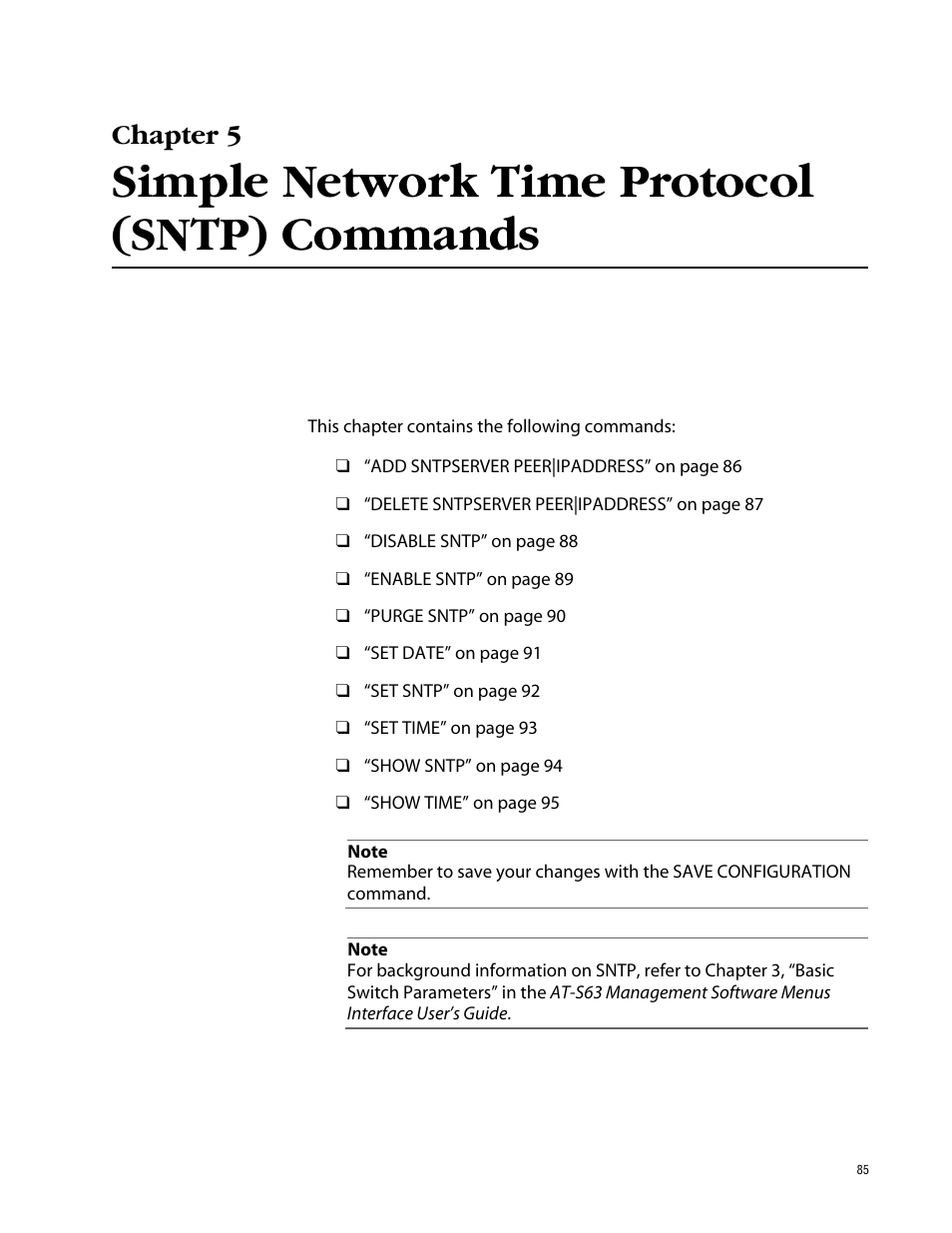 Chapter 5, Simple network time protocol (sntp) commands | Allied Telesis AT-S63 User Manual | Page 85 / 464