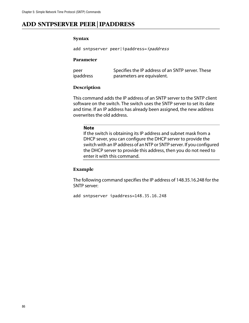 Add sntpserver peer|ipaddress | Allied Telesis AT-S63 User Manual | Page 86 / 464