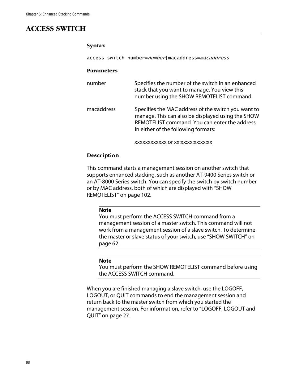 Access switch | Allied Telesis AT-S63 User Manual | Page 98 / 464