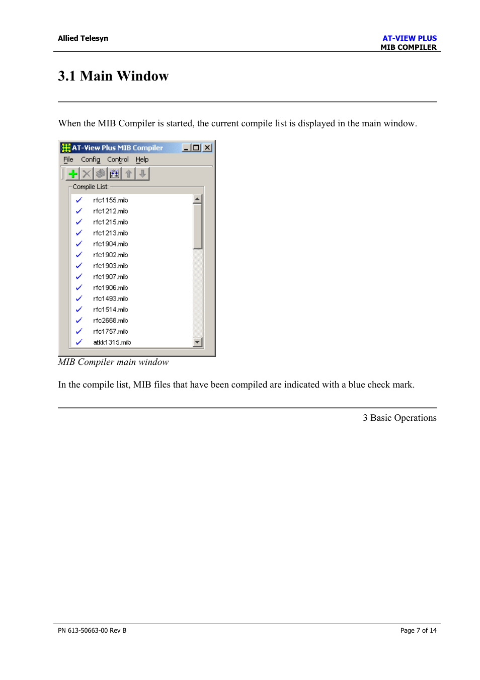 1 main window, 2 compiling mib files | Allied Telesis AT-VIEW PLUS 3.1 MIB COMPILER User Manual | Page 7 / 14