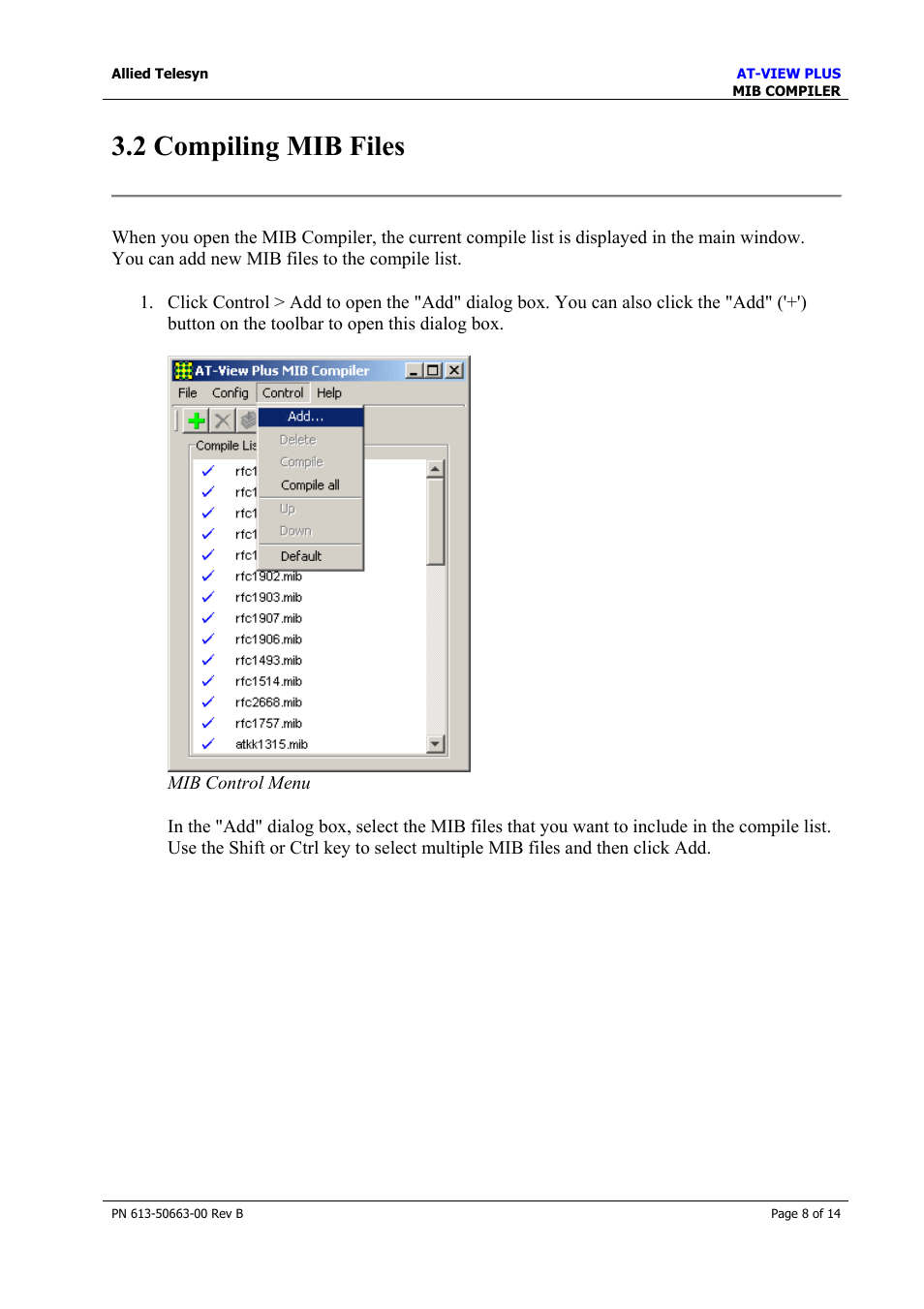 2 compiling mib files | Allied Telesis AT-VIEW PLUS 3.1 MIB COMPILER User Manual | Page 8 / 14