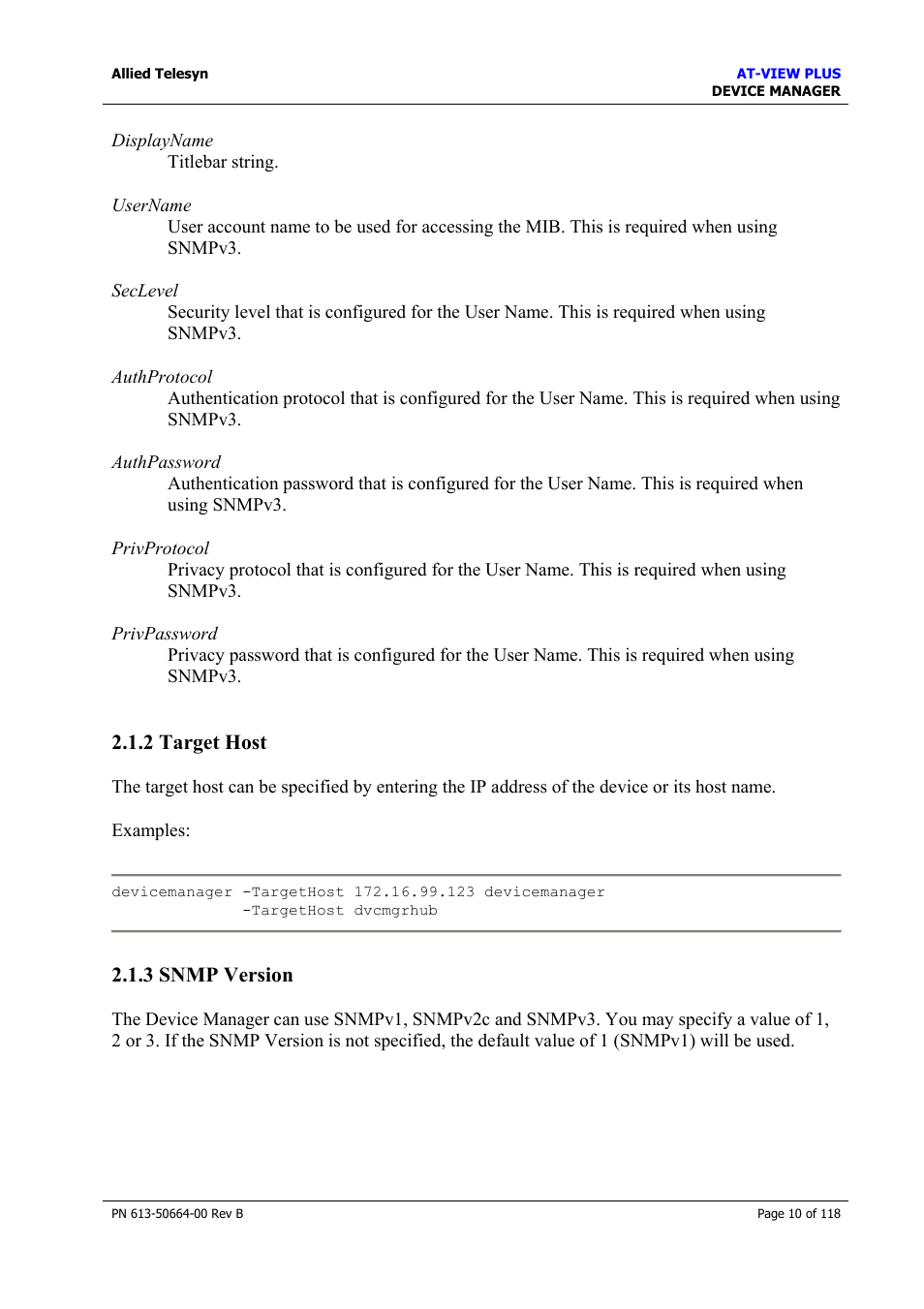 2 target host, 3 snmp version, 2 target host 2.1.3 snmp version | Target host, Snmp version | Allied Telesis AT-VIEW PLUS 3.1 DEVICE MANAGER User Manual | Page 10 / 118