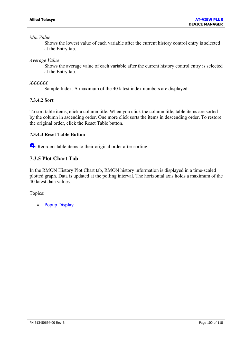 2 sort, 3 reset table button, 5 plot chart tab | Plot chart tab, Sort, Reset table button | Allied Telesis AT-VIEW PLUS 3.1 DEVICE MANAGER User Manual | Page 100 / 118