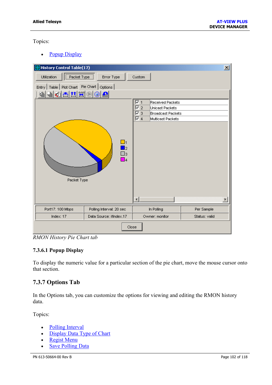1 popup display, 7 options tab, Options tab | Allied Telesis AT-VIEW PLUS 3.1 DEVICE MANAGER User Manual | Page 102 / 118