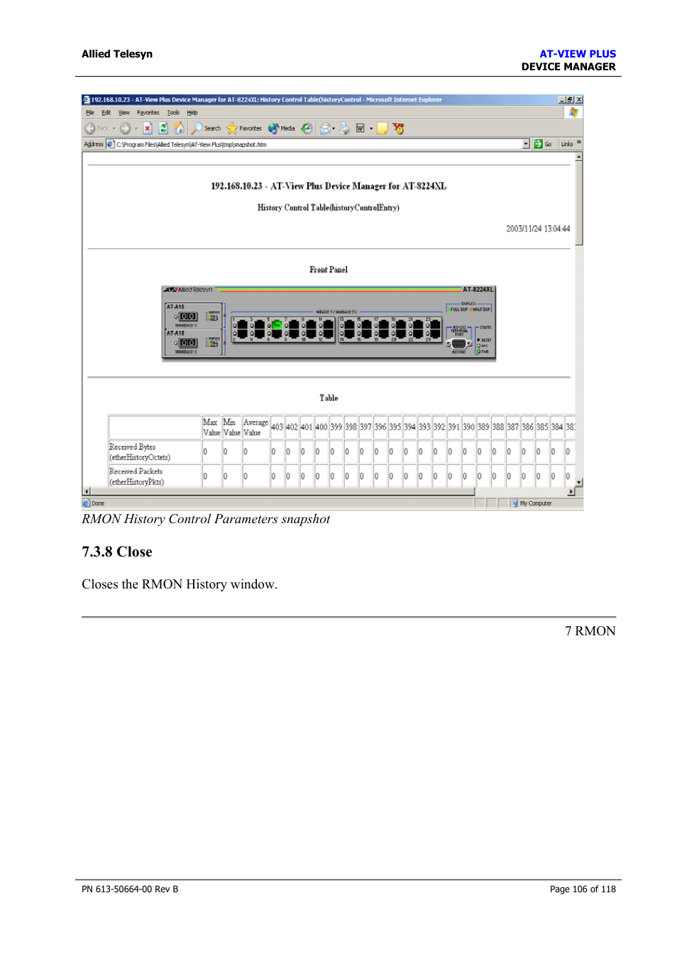 8 close, Alarm table, Close | Allied Telesis AT-VIEW PLUS 3.1 DEVICE MANAGER User Manual | Page 106 / 118