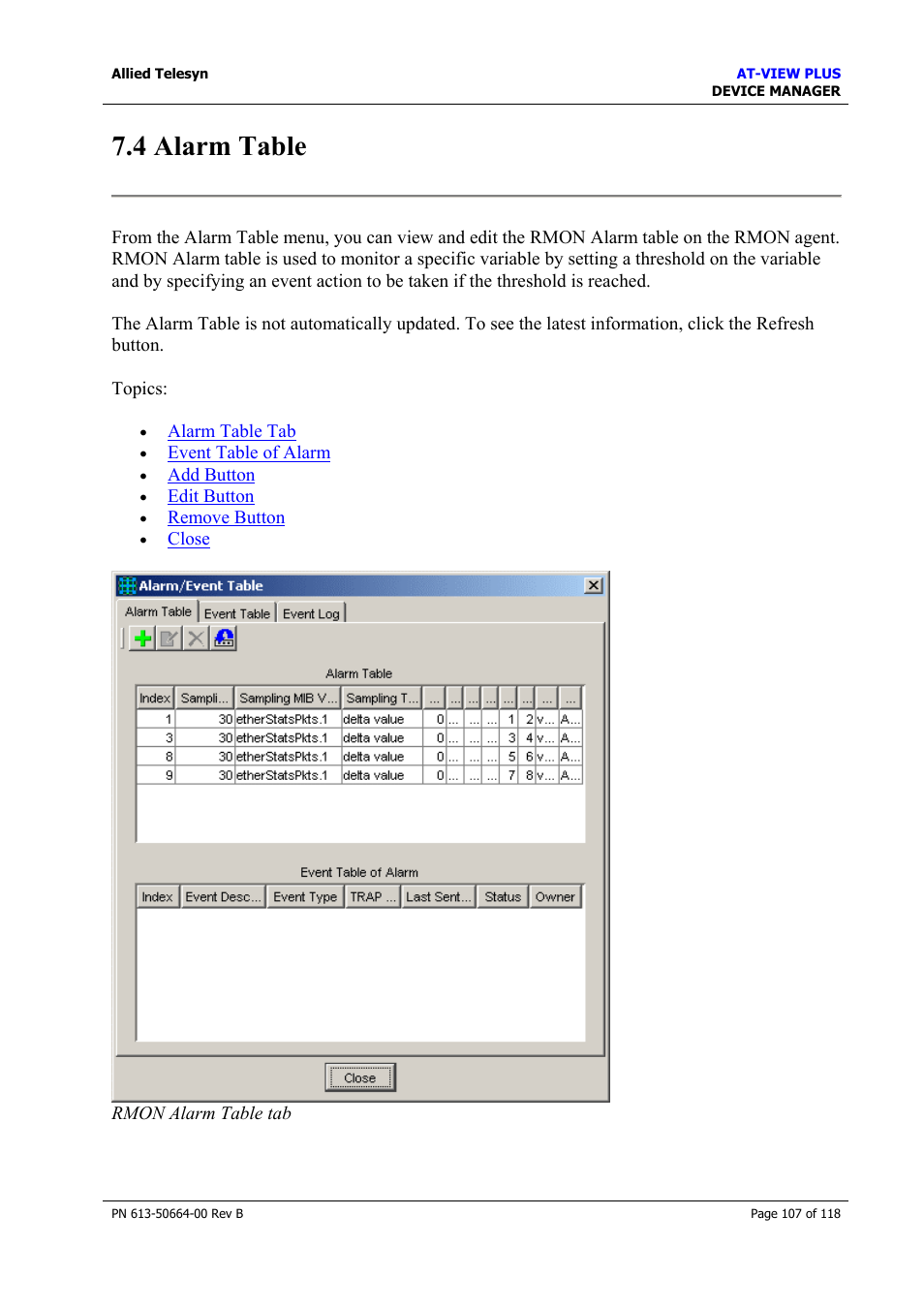4 alarm table | Allied Telesis AT-VIEW PLUS 3.1 DEVICE MANAGER User Manual | Page 107 / 118