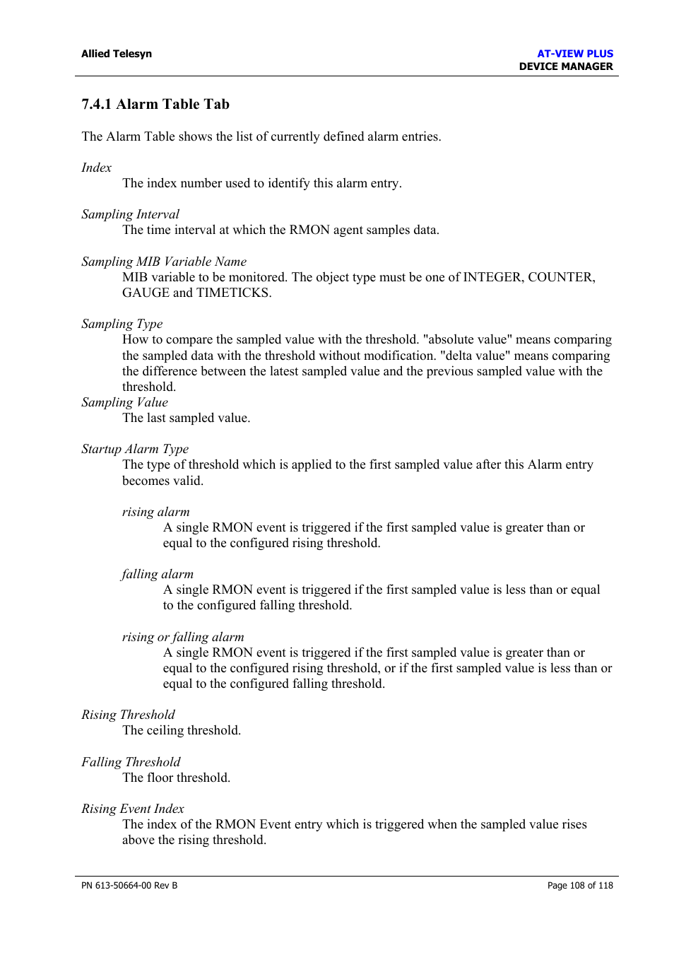 1 alarm table tab | Allied Telesis AT-VIEW PLUS 3.1 DEVICE MANAGER User Manual | Page 108 / 118
