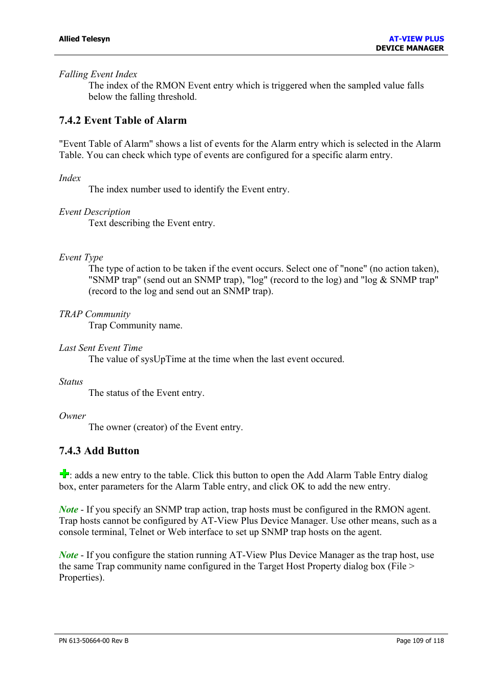 2 event table of alarm, 3 add button, 2 event table of alarm 7.4.3 add button | Event table of alarm, Add button | Allied Telesis AT-VIEW PLUS 3.1 DEVICE MANAGER User Manual | Page 109 / 118