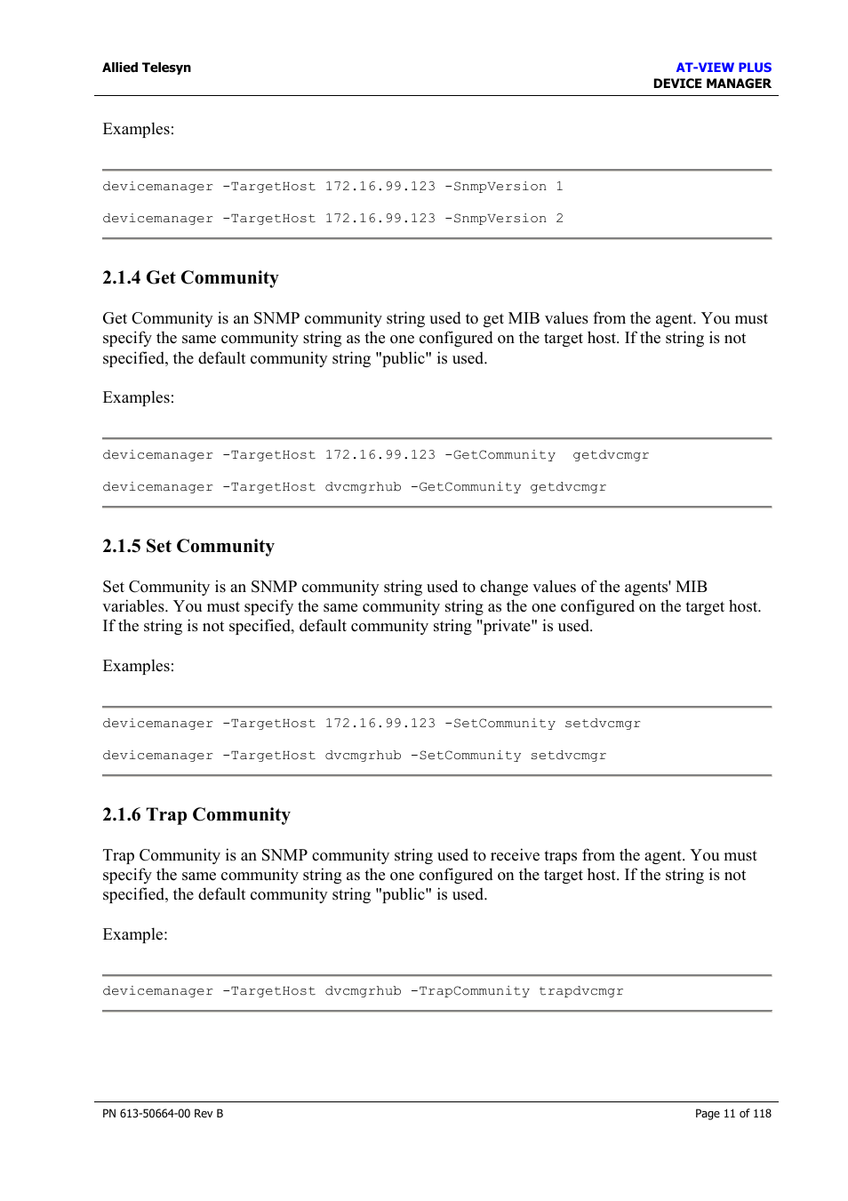 4 get community, 5 set community, 6 trap community | Get community, Set community, Trap community, Titlebar string | Allied Telesis AT-VIEW PLUS 3.1 DEVICE MANAGER User Manual | Page 11 / 118