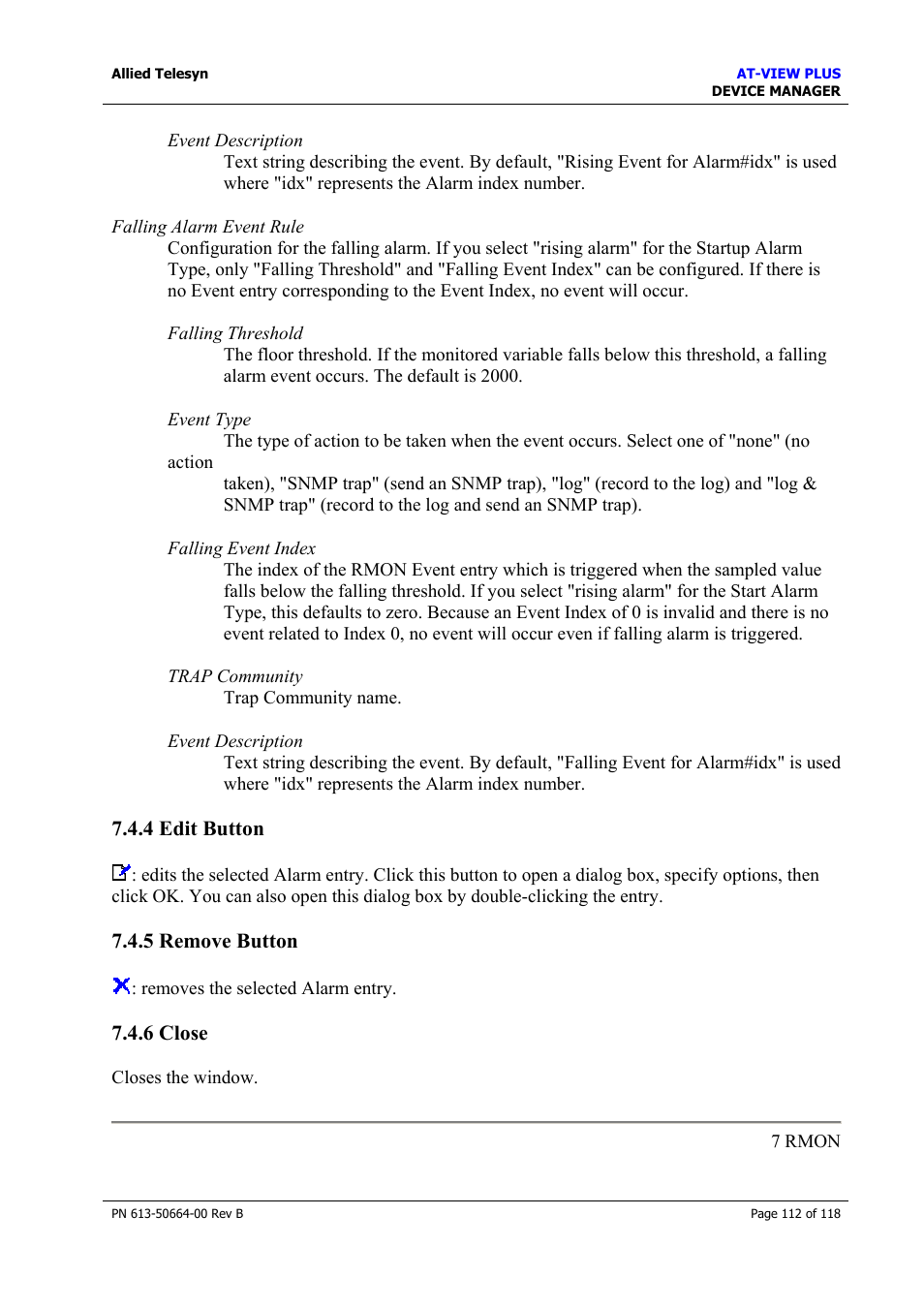 4 edit button, 5 remove button, 6 close | 4 edit button 7.4.5 remove button 7.4.6 close, Edit button, Remove button, Close | Allied Telesis AT-VIEW PLUS 3.1 DEVICE MANAGER User Manual | Page 112 / 118