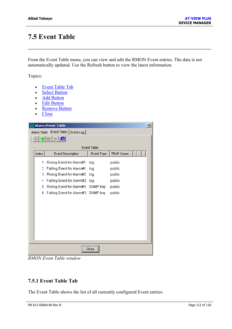 5 event table, 1 event table tab, Event table | Allied Telesis AT-VIEW PLUS 3.1 DEVICE MANAGER User Manual | Page 113 / 118