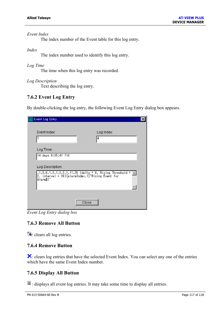2 event log entry, 3 remove all button, 4 remove button | 5 display all button, Event log entry, Remove all button, Remove button, Display all button | Allied Telesis AT-VIEW PLUS 3.1 DEVICE MANAGER User Manual | Page 117 / 118