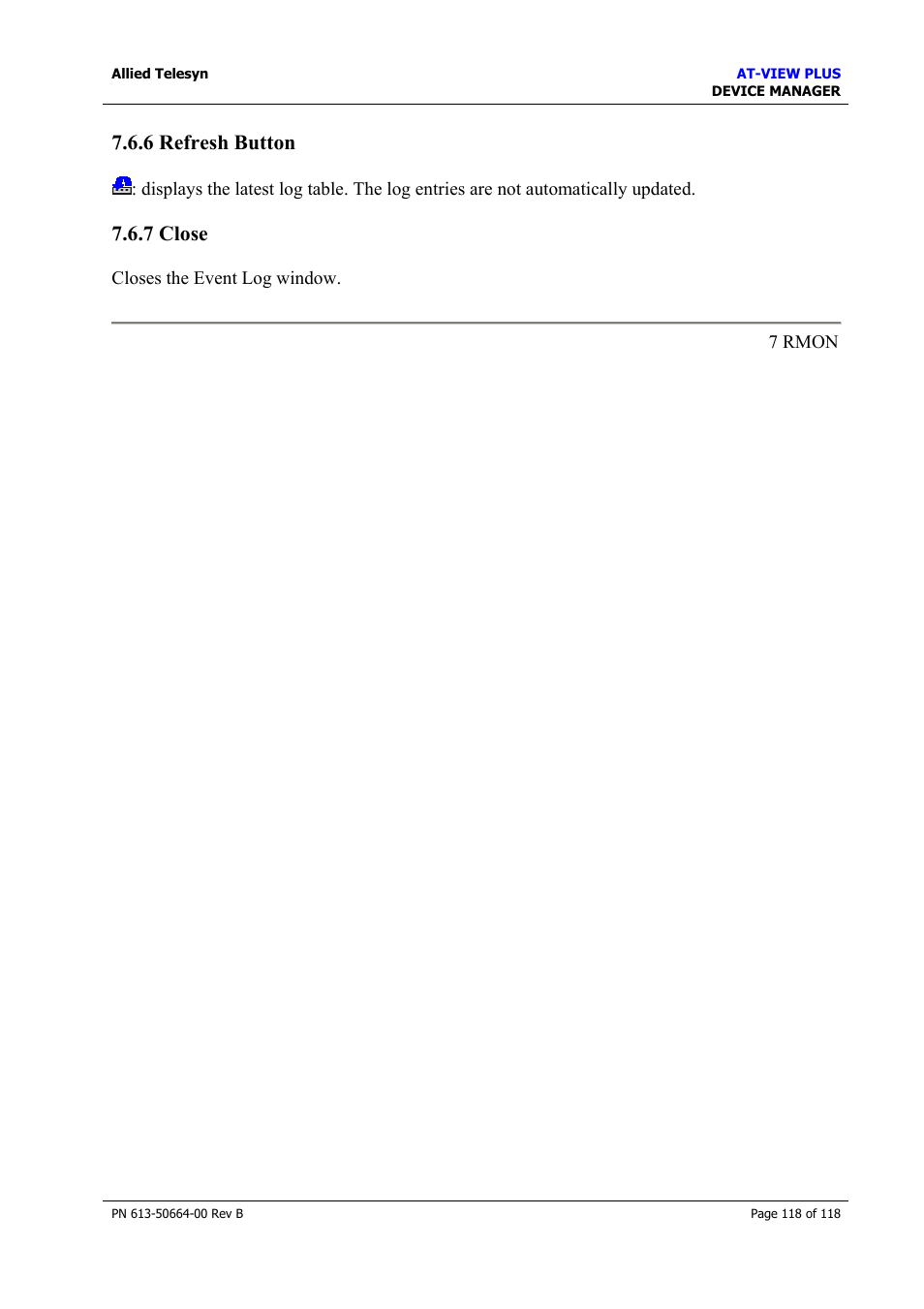 6 refresh button, 7 close, Refresh button | Close | Allied Telesis AT-VIEW PLUS 3.1 DEVICE MANAGER User Manual | Page 118 / 118