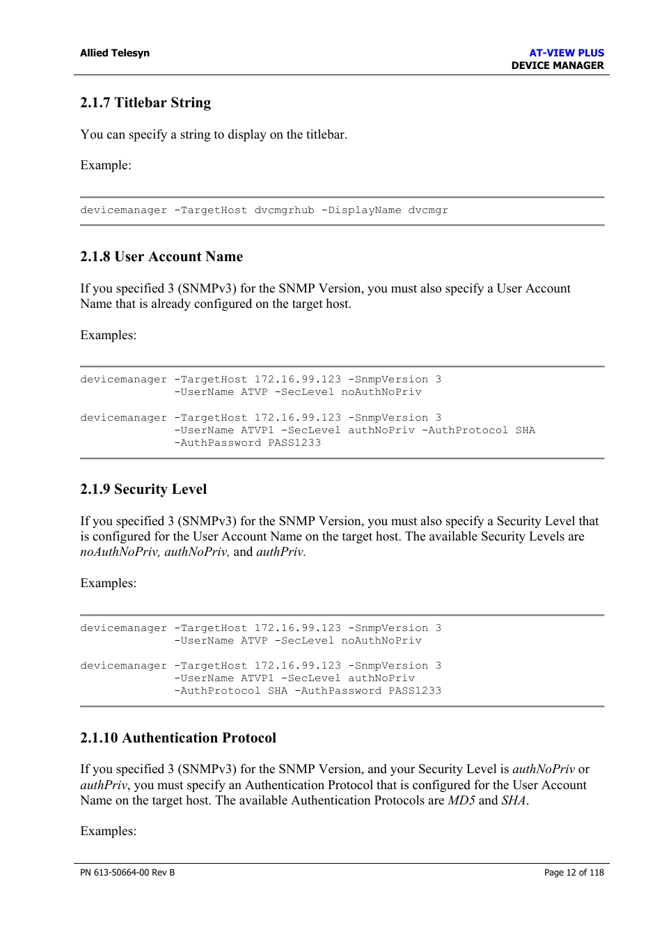 7 titlebar string, 8 user account name, 9 security level | 10 authentication protocol, User account name, Security level, Authentication protocol | Allied Telesis AT-VIEW PLUS 3.1 DEVICE MANAGER User Manual | Page 12 / 118