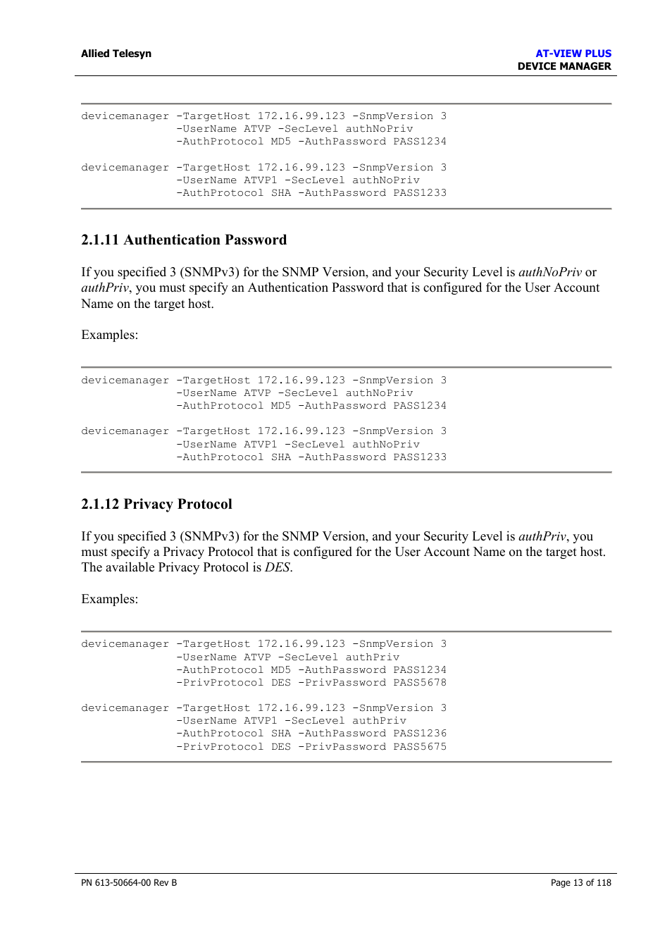 11 authentication password, 12 privacy protocol, 11 authentication password 2.1.12 privacy protocol | Authentication password, Privacy protocol, Privacy password | Allied Telesis AT-VIEW PLUS 3.1 DEVICE MANAGER User Manual | Page 13 / 118