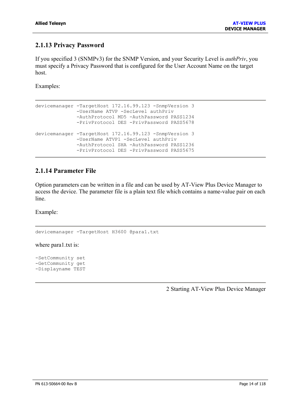13 privacy password, 14 parameter file, 13 privacy password 2.1.14 parameter file | Parameter file | Allied Telesis AT-VIEW PLUS 3.1 DEVICE MANAGER User Manual | Page 14 / 118
