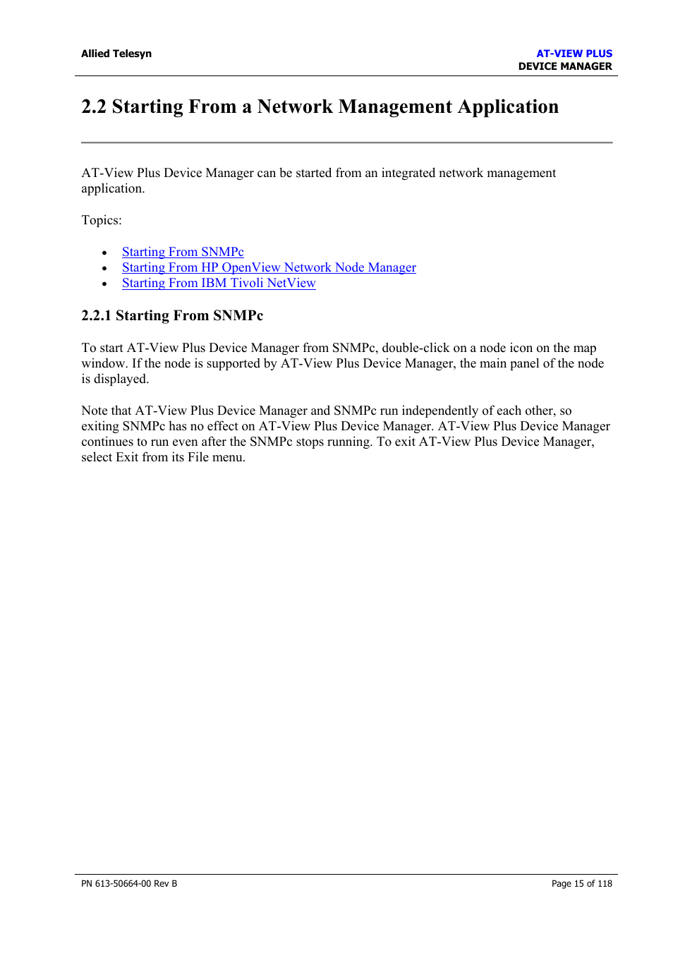 2 starting from a network management application, 1 starting from snmpc | Allied Telesis AT-VIEW PLUS 3.1 DEVICE MANAGER User Manual | Page 15 / 118
