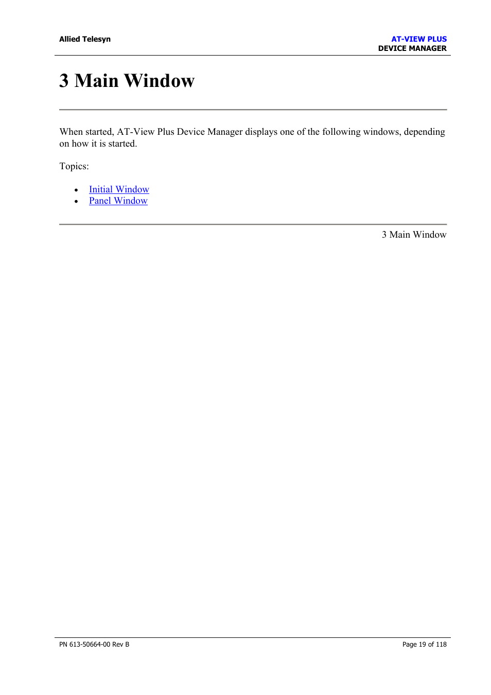 3 main window, Main window | Allied Telesis AT-VIEW PLUS 3.1 DEVICE MANAGER User Manual | Page 19 / 118