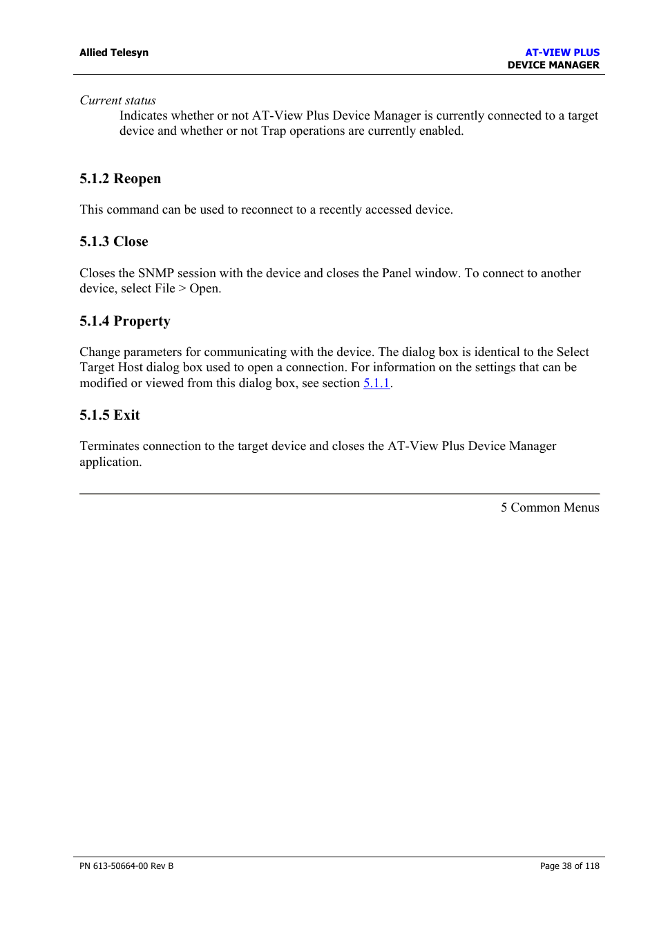 2 reopen, 3 close, 4 property | 5 exit, 2 reopen 5.1.3 close 5.1.4 property 5.1.5 exit, View, Reopen, Close, Property, Exit | Allied Telesis AT-VIEW PLUS 3.1 DEVICE MANAGER User Manual | Page 38 / 118