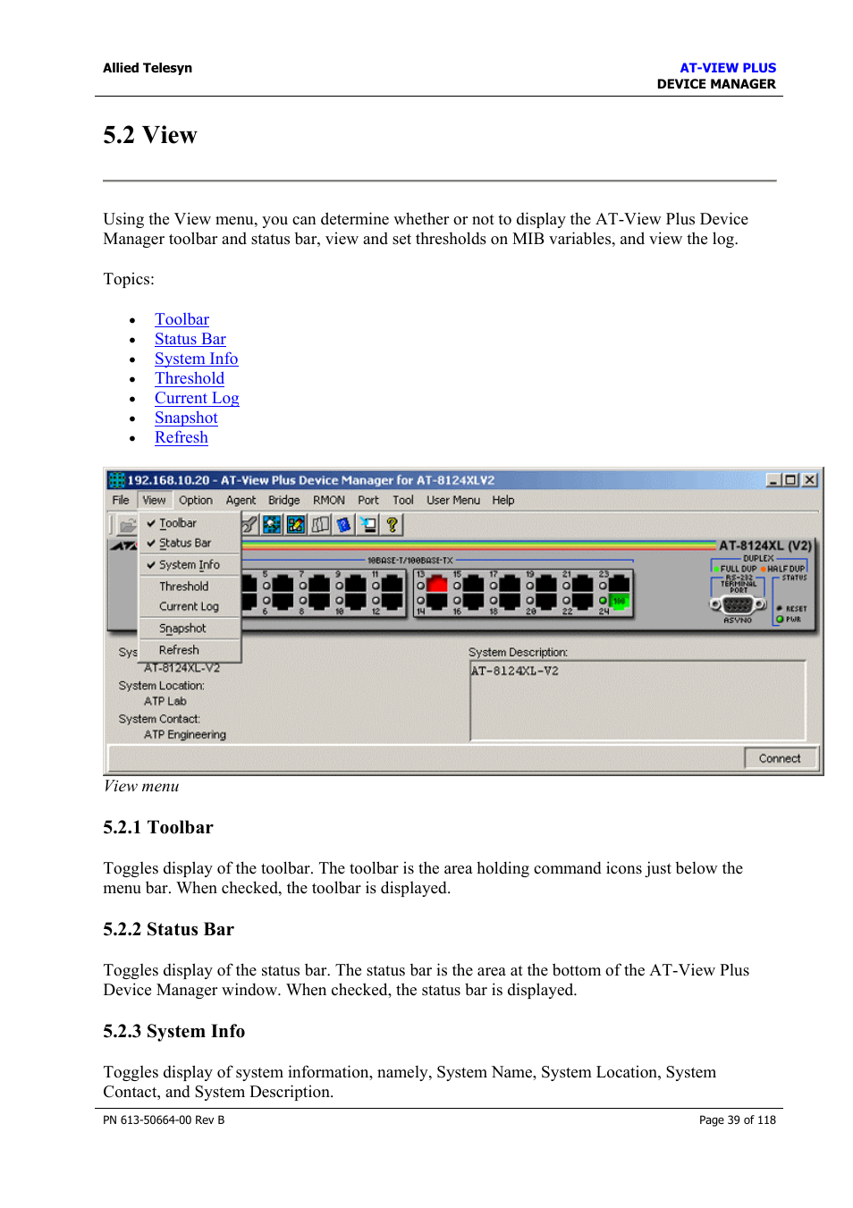 2 view, 1 toolbar, 2 status bar | 3 system info, 1 toolbar 5.2.2 status bar | Allied Telesis AT-VIEW PLUS 3.1 DEVICE MANAGER User Manual | Page 39 / 118